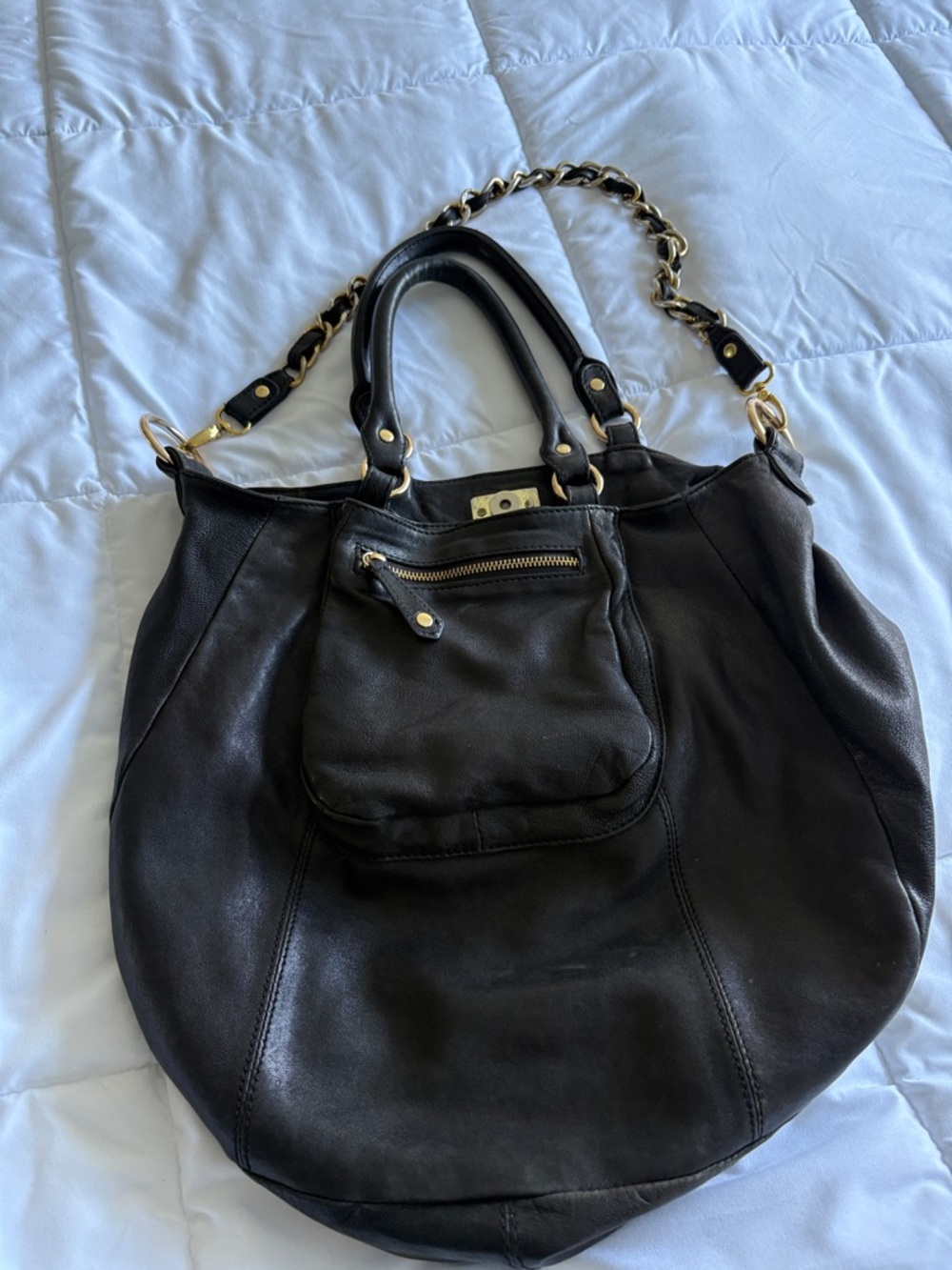 Spacious Black Leather Shoulder Bag with Gold Hardware